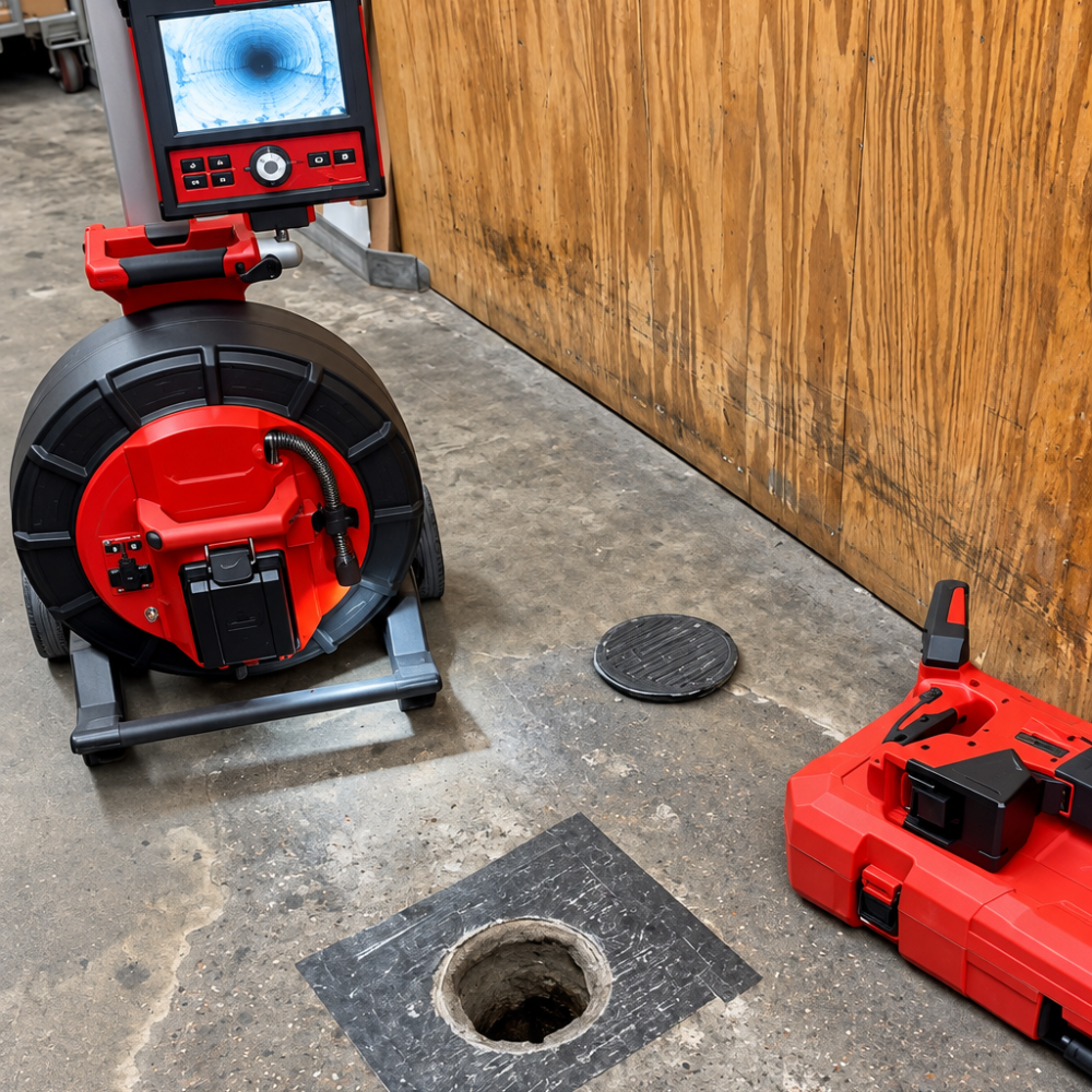 Sewer inspection camera equipment beside a floor drain.