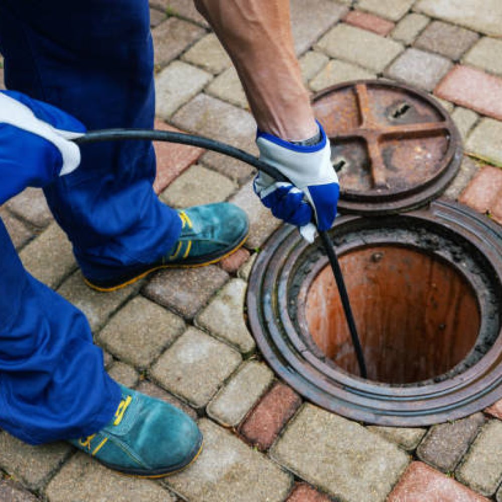 sewer cleaning service - worker clean a clogged drainage with hydro jetting